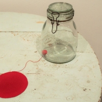 Strawberry Red Tablecloth, 2003 (found broken dish, crocheting)